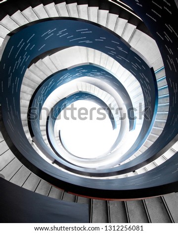 Stairway to heaven. Round staircase with very bright and soft light. Abstract architecture. 