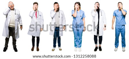 Collage of group of doctors and surgeons people over white isolated background Yawning tired covering half face, eye and mouth with hand. Face hurts in pain.