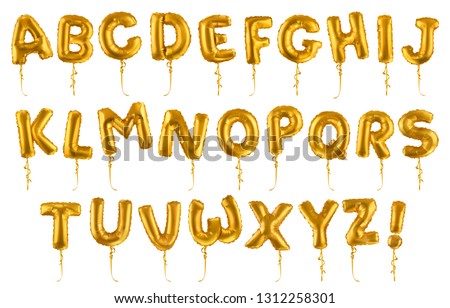 Golden inflatable toy balloons font. 3d vector realistic set. Letters from A to Z