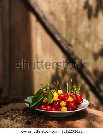 cherries, red and ripe crop. food background. top photo
