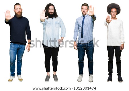 Collage of group of young men over white isolated background doing stop sing with palm of the hand. Warning expression with negative and serious gesture on the face.