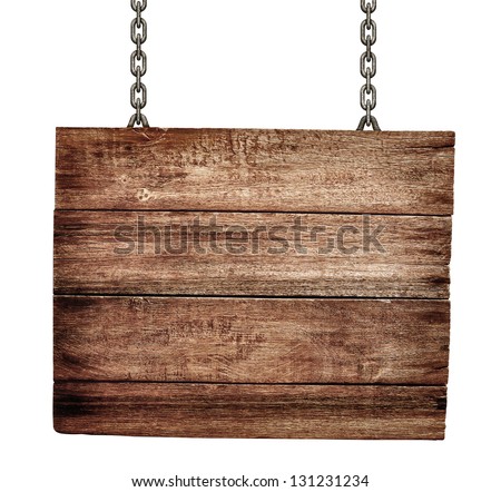 old wooden signboard with chains isolated