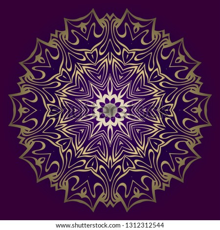 Floral Mandala. Vector Illustration. Repeating Sample Figure And Line. For Fashion Interiors Design, Wallpaper, Textile Industry. Anti-Stress Therapy Pattern. Purple gold color.