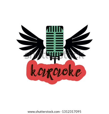 Isolated on white karaoke emblem with one green vintage style microphone with black wings and inscription on red
