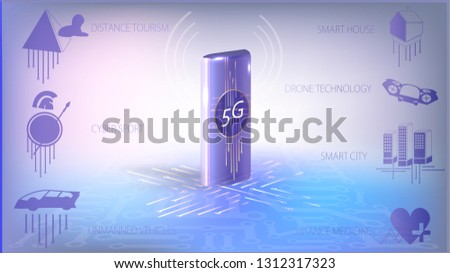 Internet Technology. Banner or Landing Page. 5G. Realistic Modem. 3d Effects. Line Icons Set of Future Technology. Cyber Sport. Flying Cars and Drones. Distance Medicine and Tourism, Smart House. Royalty-Free Stock Photo #1312317323