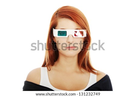 Beautiful young woman in 3d cinema glasses isolated on white background