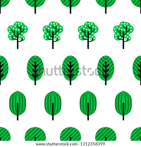 Bacground with different stylized trees on white background. Simple seamless vector.