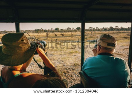 Group of tourists taking pictures of African wildlife during a game drive at sunset, Makgadikgadi Pans National Park, Botswana