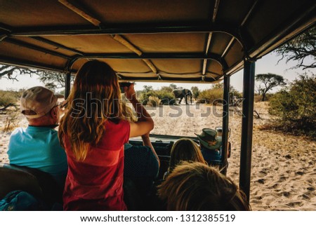 Young girl takes a picture of an African elephant during a game drive at sunset, Makgadikgadi Pans National Park, Botswana