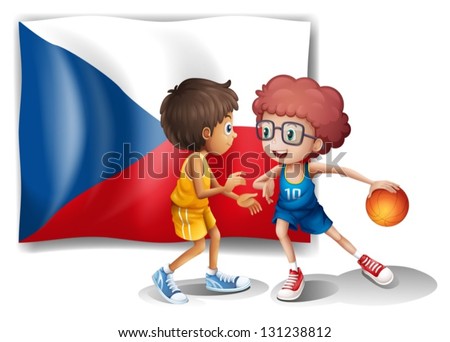 Illustration of the basketball players in front of the Czech Republic flag on a white background
