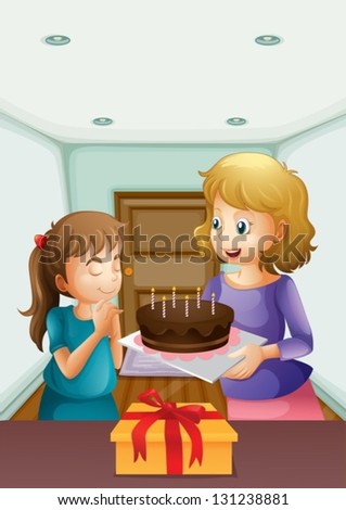 Illustration of a girl wishing before blowing her birthday cake