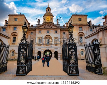Main gate architecture of the historic household division charity opposite Buckingham Palace of London Royalty-Free Stock Photo #1312416392
