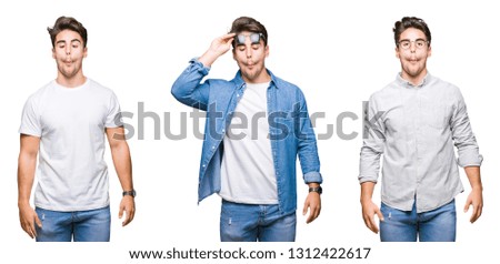 Collage of young handsome man over isolated background making fish face with lips, crazy and comical gesture. Funny expression.