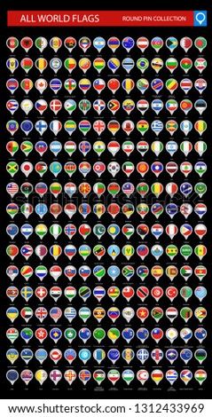 Round Pin Icons of All World Flags isolated on black background. Ultimate Vector Collection.