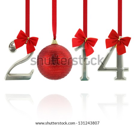 2014 calendar ornaments hanging on red ribbons