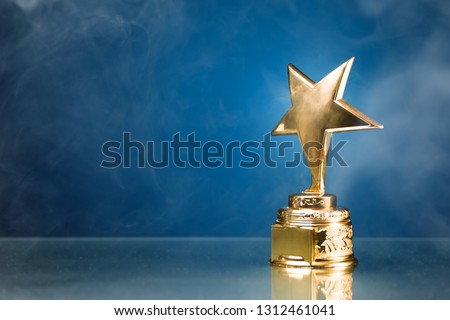 gold star trophy in smoke, blue background Royalty-Free Stock Photo #1312461041