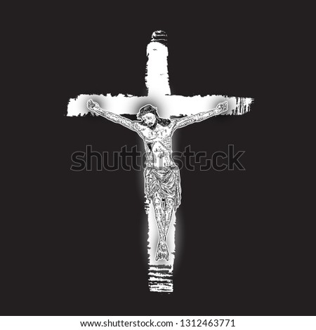 Jesus Christ crucifixion on hand painted ink brush cross on black background. Flash body tattoo. Symbol of Christianity prayer and religion. Concept spiritual and sacred holy. Vector.