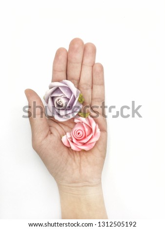 Roses for you is symbol of love on the hand on bright background. The colour of the rose has own meaning of love. This rose is dessert for Valentine's Day. 