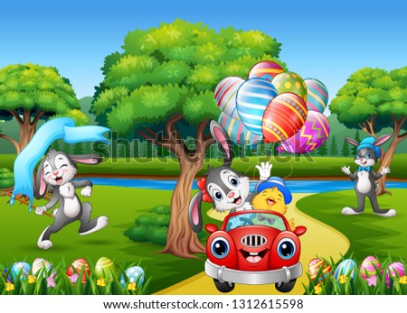 Happy easter rabbit riding a car with chick holding decorated balloons
