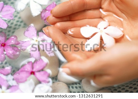 .Spa treatment and massage for female hands.Close up.Spa skin and body nails care concept. Cosmetology. Hands of woman with natural manicure on fingernails and bowl with water and flower