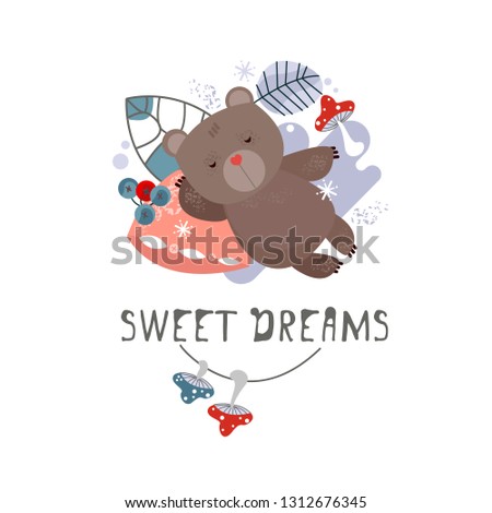 Vector winter illustration of a sleeping brown bear. Winter elements of plants and grass mushrooms. Cute bear in a den. Text template, Flat image