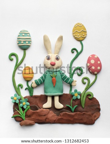 Cute Easter illustration with bunny in the garden with Easter eggs and flowers