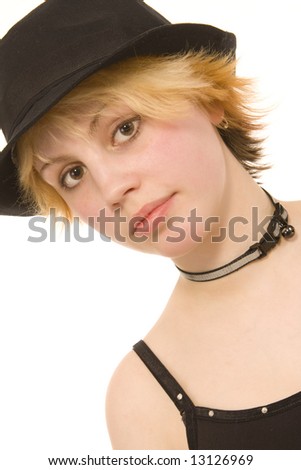portrait of young woman with hat on (white background)
