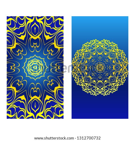 Cards Or Invitations Set With Mandala Design . The Front And Rear Side. Vector Illustration. Blue yellow color.