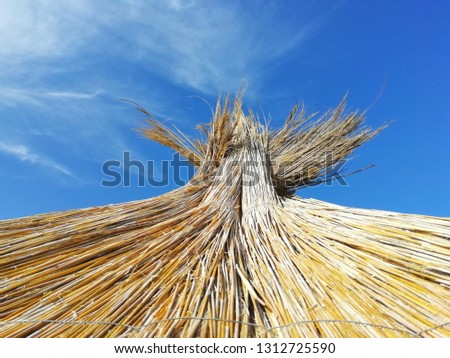 Thatched roof against the blue sky. Summer resort. Sea holiday.