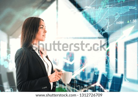 Trade and finance concept. Side view of attractive young businesswoman drinking coffee in modern office interior with forex chart and upward arrow. Double exposure 