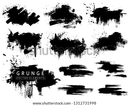 Grunge collection with black brush strokes and splashes. Vector ink blots, brushs
