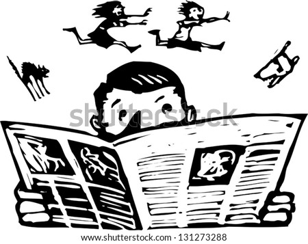 Black and white vector illustration of man reading newspaper with noisy family behind