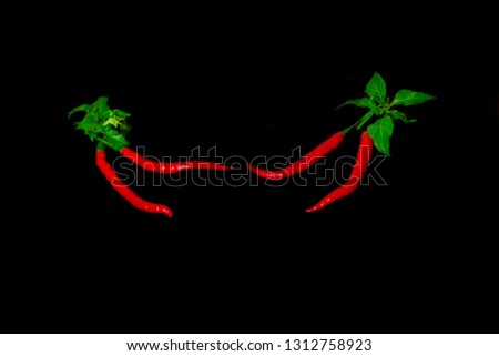 chili pepper and leaves isolated on a black background