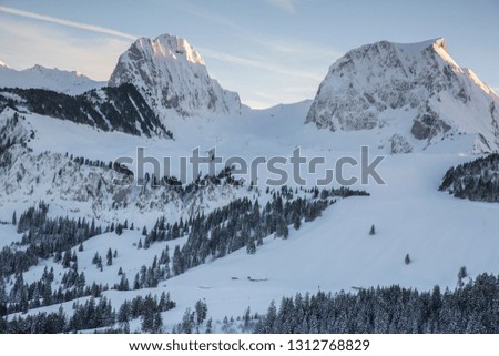 Winter sunset Gurnigel pass with Gantrisch, Swiss Alps