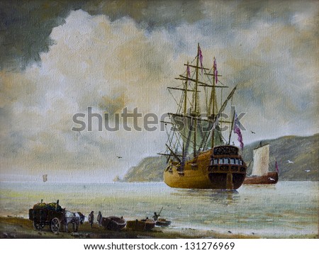 Oil painting on canvas - Galleon in the sea