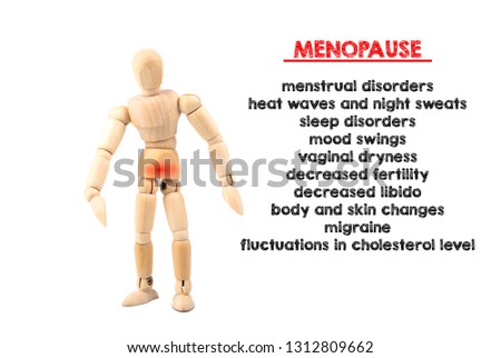 Menopause, ten symptoms. Wooden human model on a white background. Joint, motion and posture