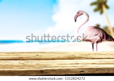 Desk of free space and beach landscape with one flamingo of pink color. Summer time. 