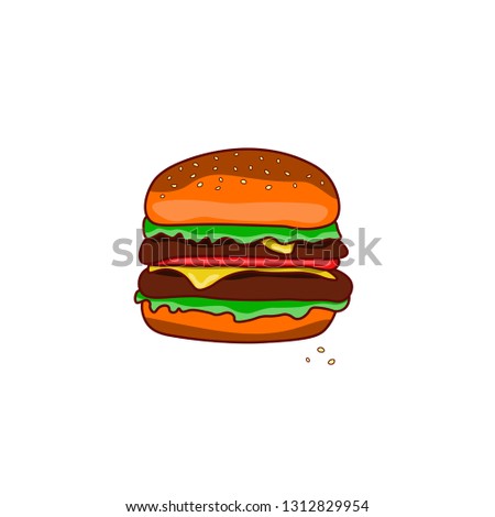 Classic colored hamburger on a white isolated background. Fastfood meal. Vector illustration.
