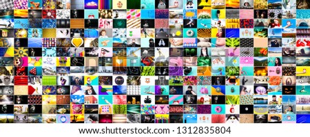 a wall of images, a collage of colorful stock photos on various topics, web background Royalty-Free Stock Photo #1312835804