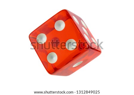 Red glass dice closeup isolated on white without shadow. Four, one, five. Royalty-Free Stock Photo #1312849025