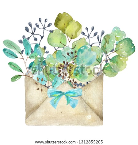 Watercolor paper envelope with leaves and seeds and with a bow, handmade, beautiful illustration for the design of cards, invitations, scrapbooking and other things