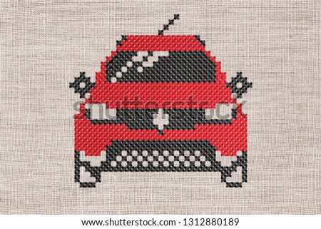 Illustration of modern red car in cross-stitched style on fabric