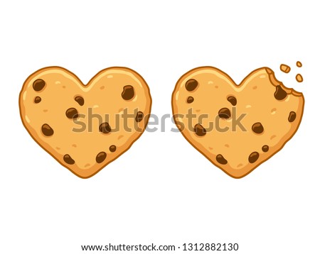 Heart shaped chocolate chip cookie with bite and crumbs. Cute cartoon style vector illustration.