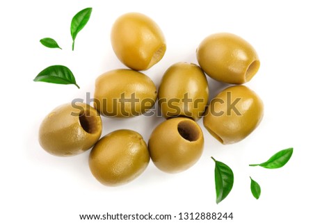 Green olives isolated on a white background. Top view. Flat lay