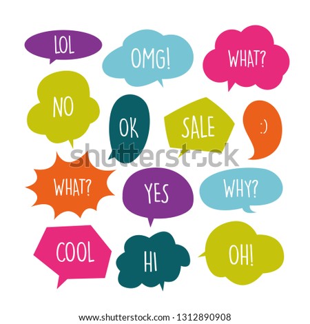 Various Cute speech bubble doodle stickers set with multiple colors - stock vector