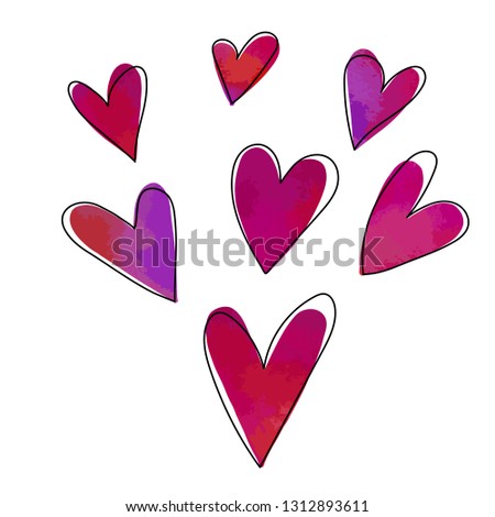 Vector set of hand drawn icons. Watercolor colorful coral, pink, purple hearts with black stroke in sketch, doodling style on white background. For Valentine's Day.