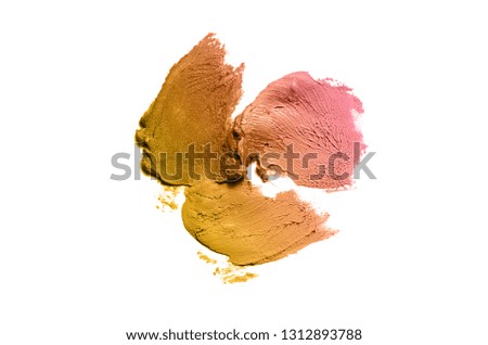 Smear and texture of lipstick or acrylic paint isolated on white background. Stroke of lipgloss or liquid nail polish swatch smudge sample. Element for beauty cosmetic design. Bronze color
