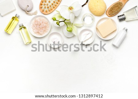 Spa natural cosmetic products background, flat lay composition with blank space for a text