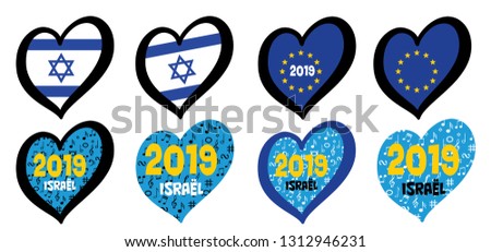 Israel Israël flag and different countries flags with heart logo. For Europe, eurovision music song festival, contest. Music songs for vision dreams. Vector euro icon pattern. Dare to dream, tel aviv.