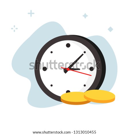 Clock and coin illustration concept. Clock and coin icon in flat design. Time is money concept